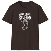 Funny Christmas Humor Short Sleeve Shirt with a stocking stuffed with presents and the text "I Like to get Stuffed" - Dark Chocolate