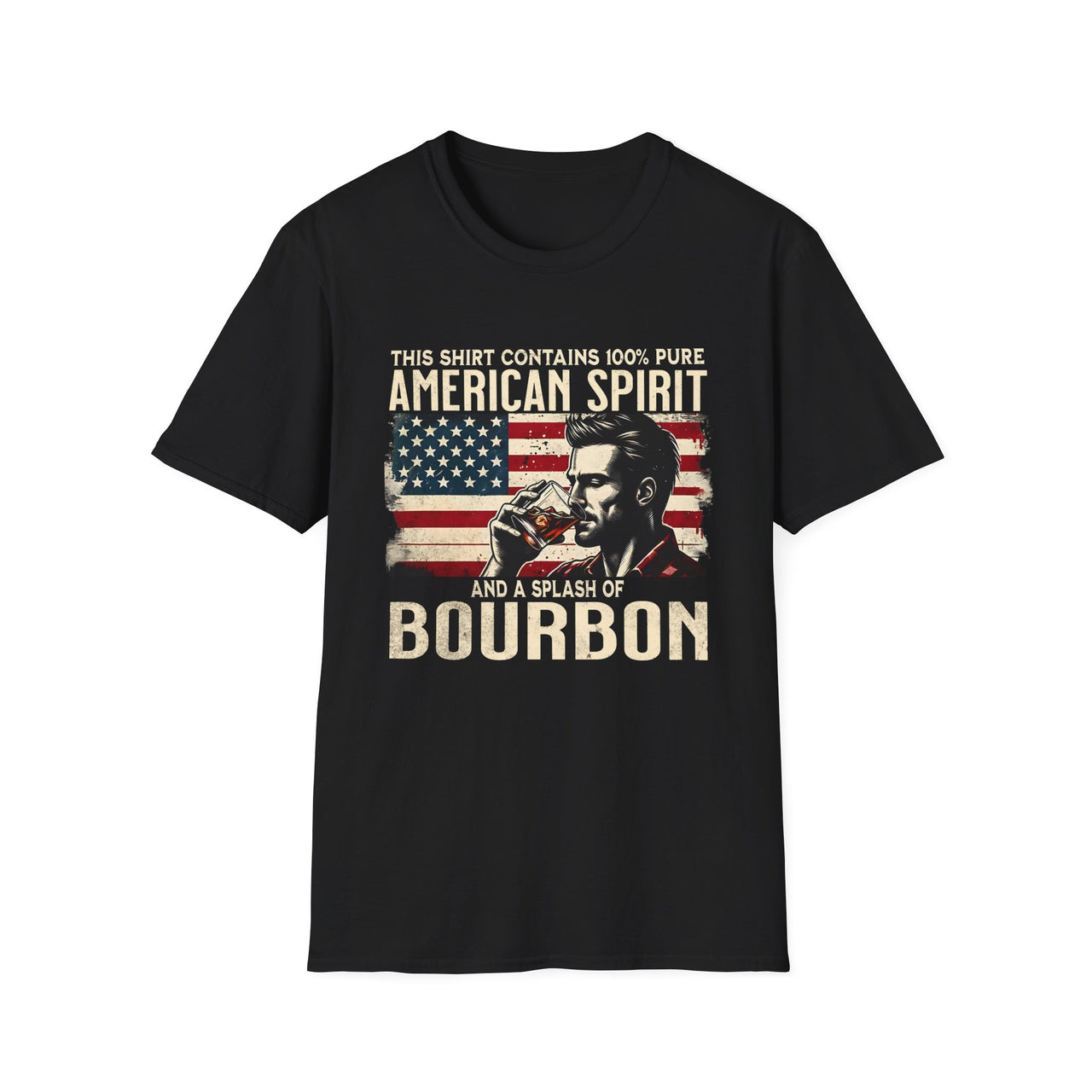 4th of July – This Shirt Contains 100% American Spirit and a Splash of Bourbon – Patriotic Soft Cotton Tee