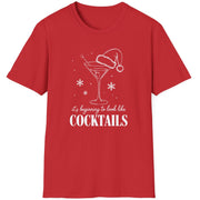 Funny Christmas Drinking  Short Sleeve Shirt with  a cocktail glass with a santa hat on top and the text "It's Beginning to Feel Like Cocktails" - Red