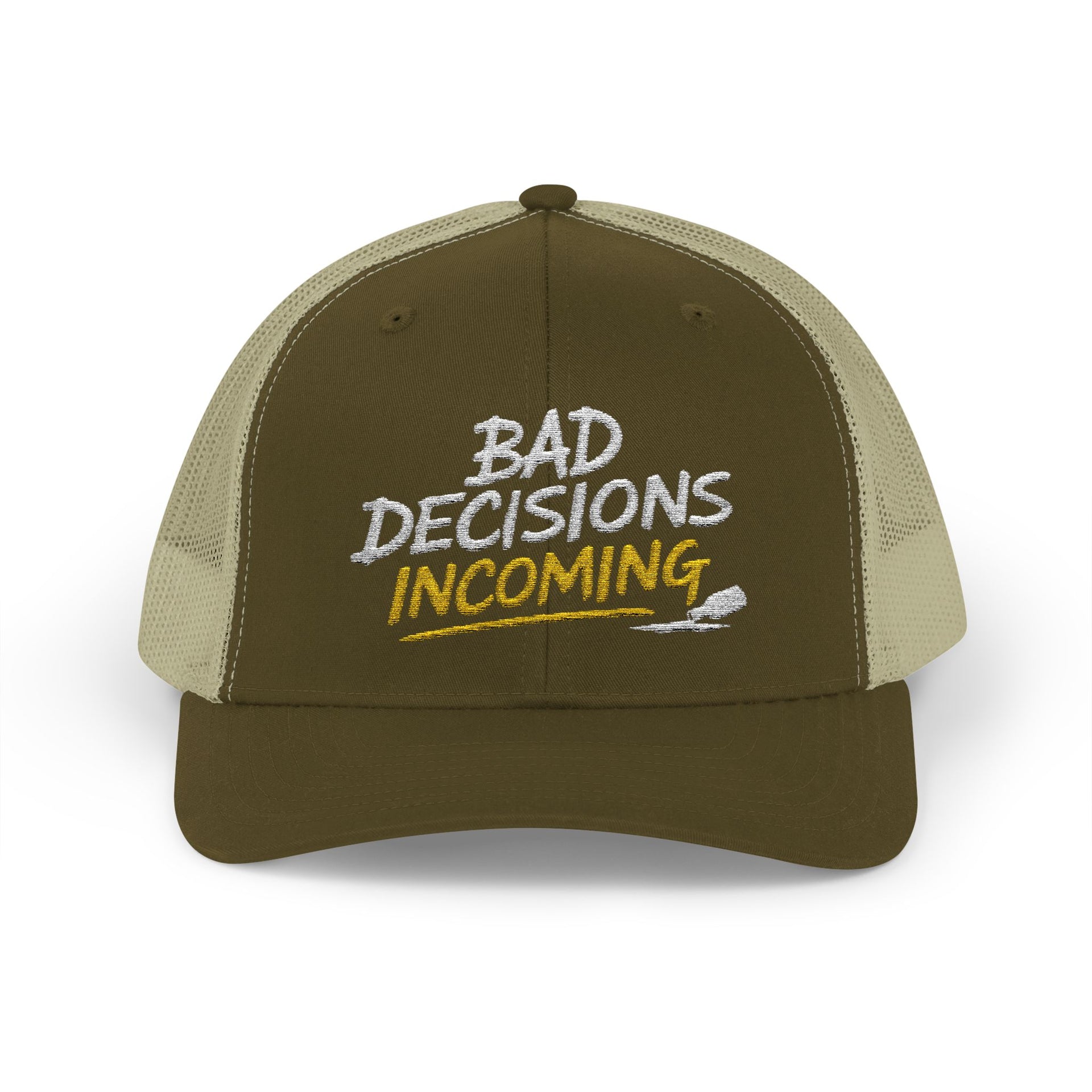 Woman wearing a brown and khaki curved trucker hat with embroidered text 'Bad Decisions Incoming'  funny Spring Break, Girls rips, Guys Trips, Beach Trips, Bachelor or Bachelorette design