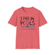 Coral t-shirt with 'I pee in Pools' text on a white background