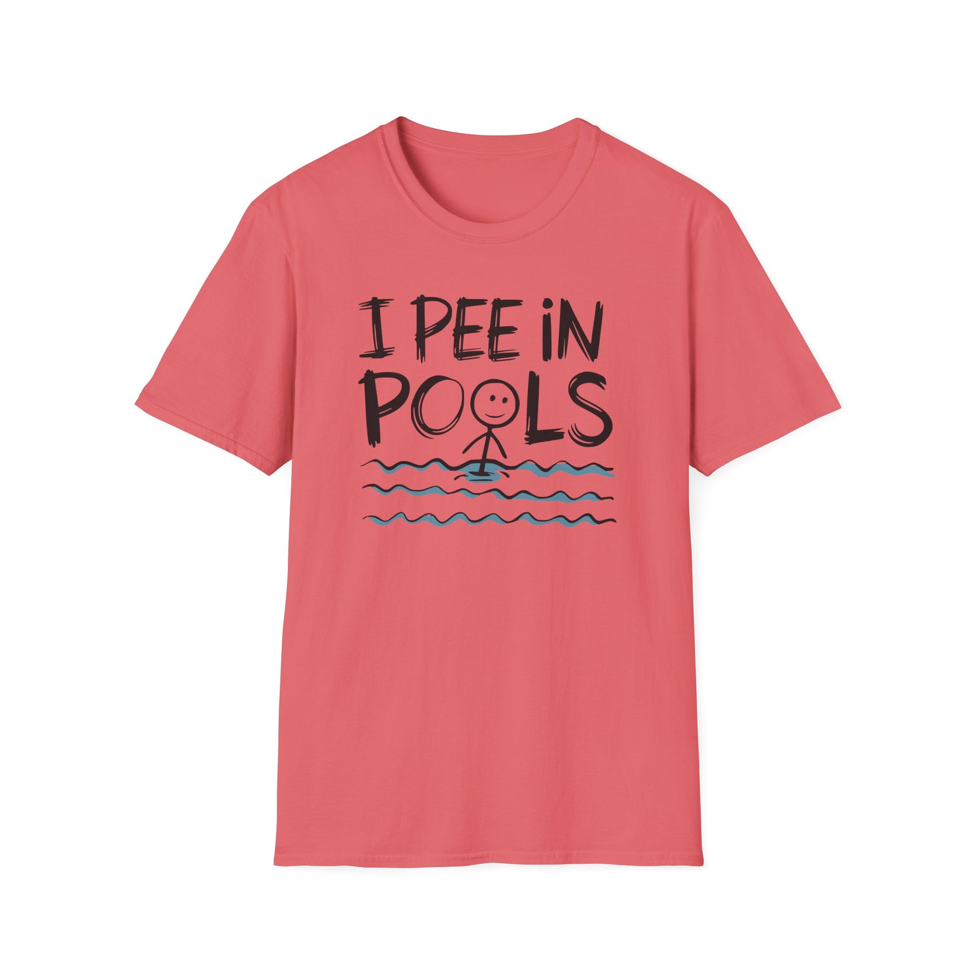 Coral t-shirt with 'I pee in Pools' text on a white background