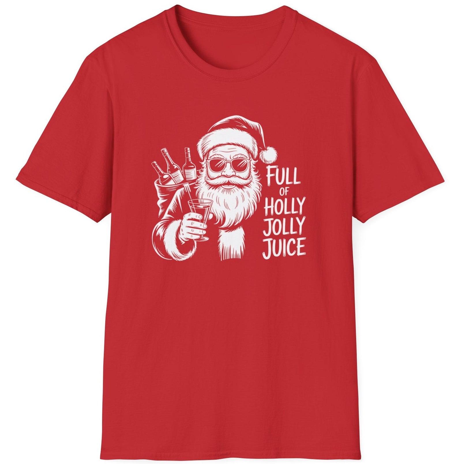 Red  t-shirt with a graphic of Santa Claus holding a bottle and text 'Full of Holly Jolly Juice'  funny christmas sweater