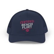 a navy trucker hat with 'Certified Beach Flirt' text funny spring break, girls trip beach trip, bachelorette party design