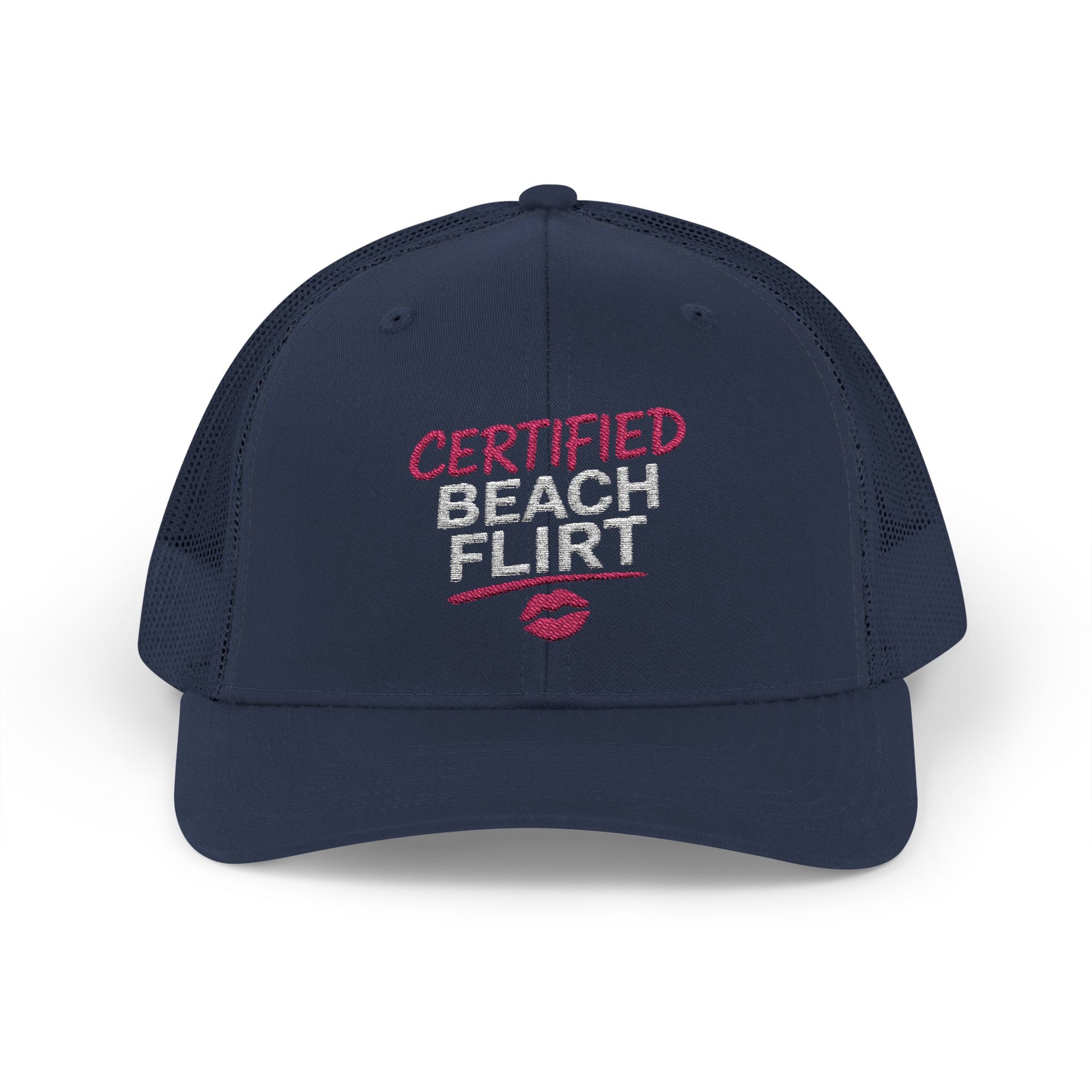 a navy trucker hat with 'Certified Beach Flirt' text funny spring break, girls trip beach trip, bachelorette party design