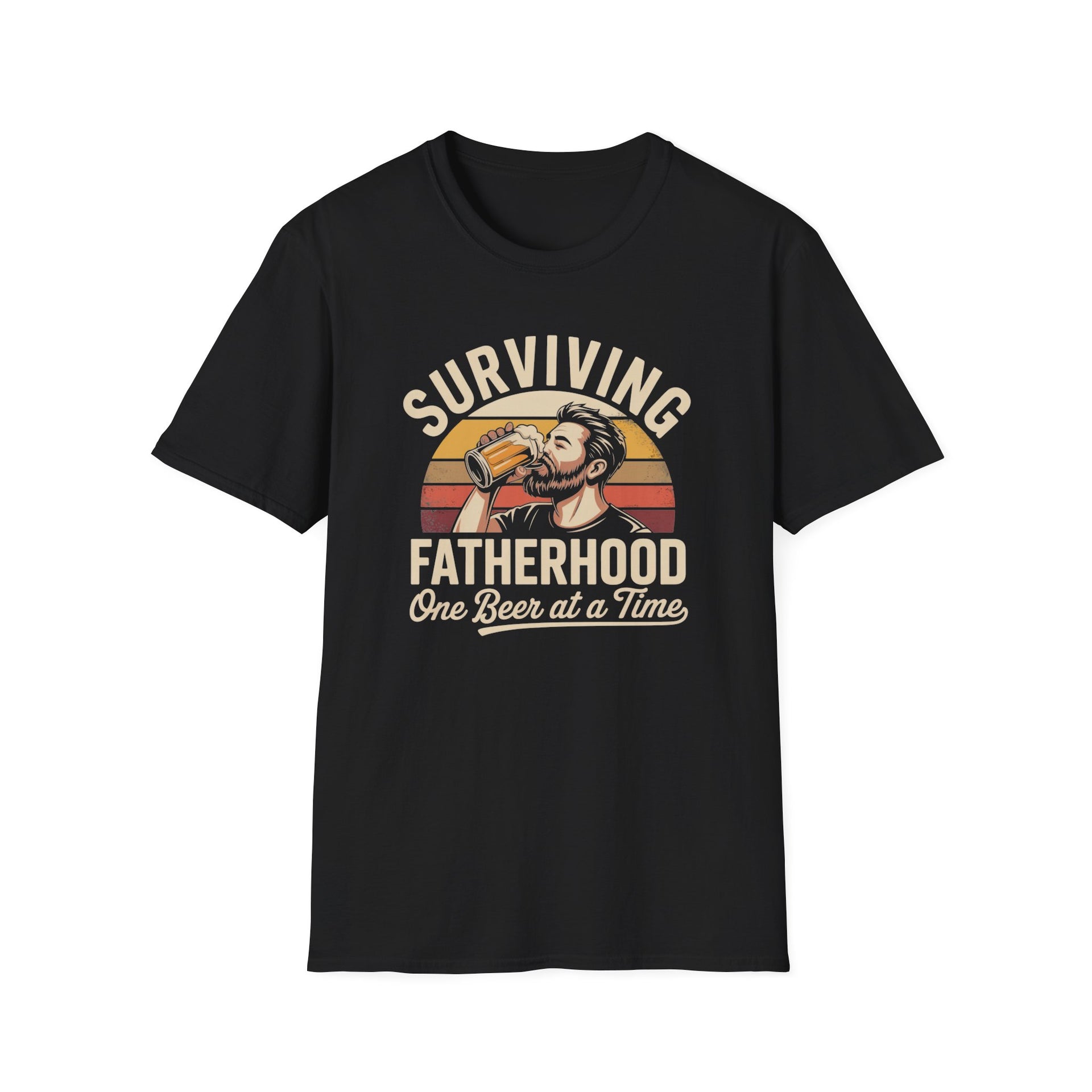 a funny black t-shirt with the phrase 'Surviving Fatherhood One Beer at a Time" and a retro sunset graphic of a man drinking a beer funny father's day dad gift idea