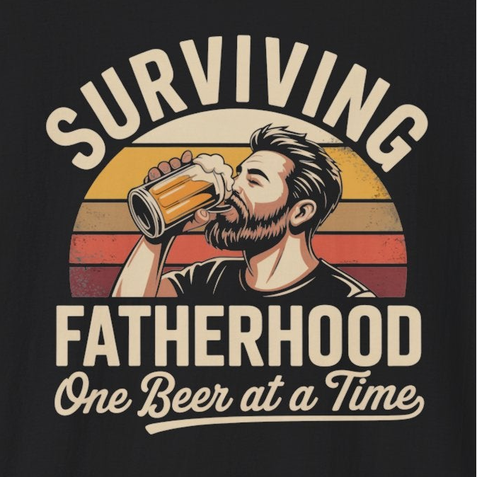a funny black t-shirt with the phrase 'Surviving Fatherhood One Beer at a Time" and a retro sunset graphic of a man drinking a beer funny father's day dad gift idea