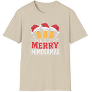Beige  t-shirt with 'Merry Mimosamas' design featuring champagne glasses and Santa hats funny christmas sweater