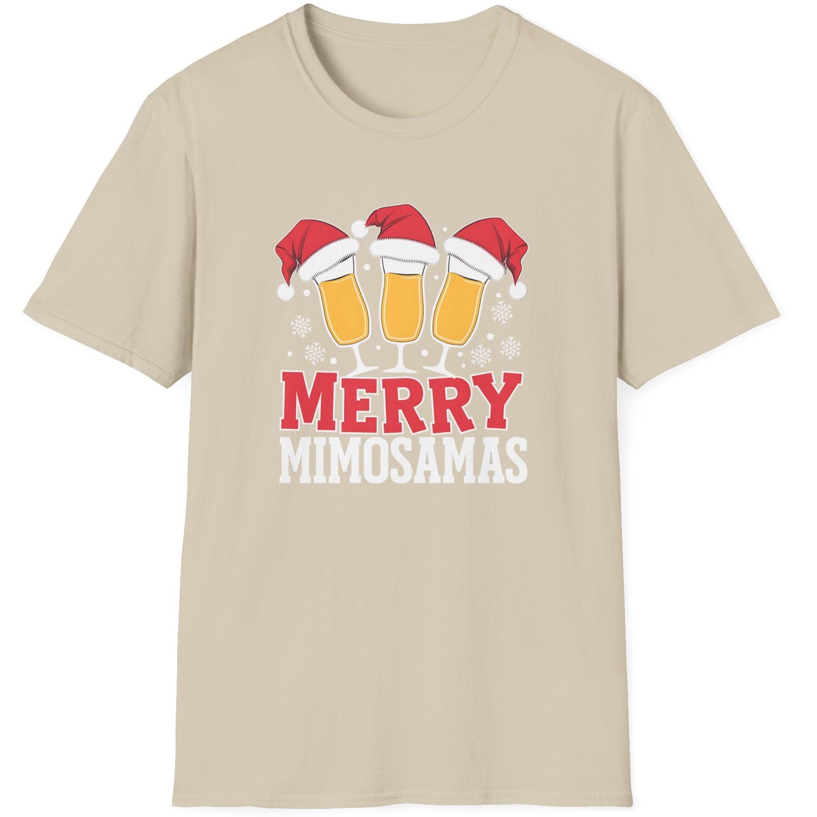 Beige  t-shirt with 'Merry Mimosamas' design featuring champagne glasses and Santa hats funny christmas sweater