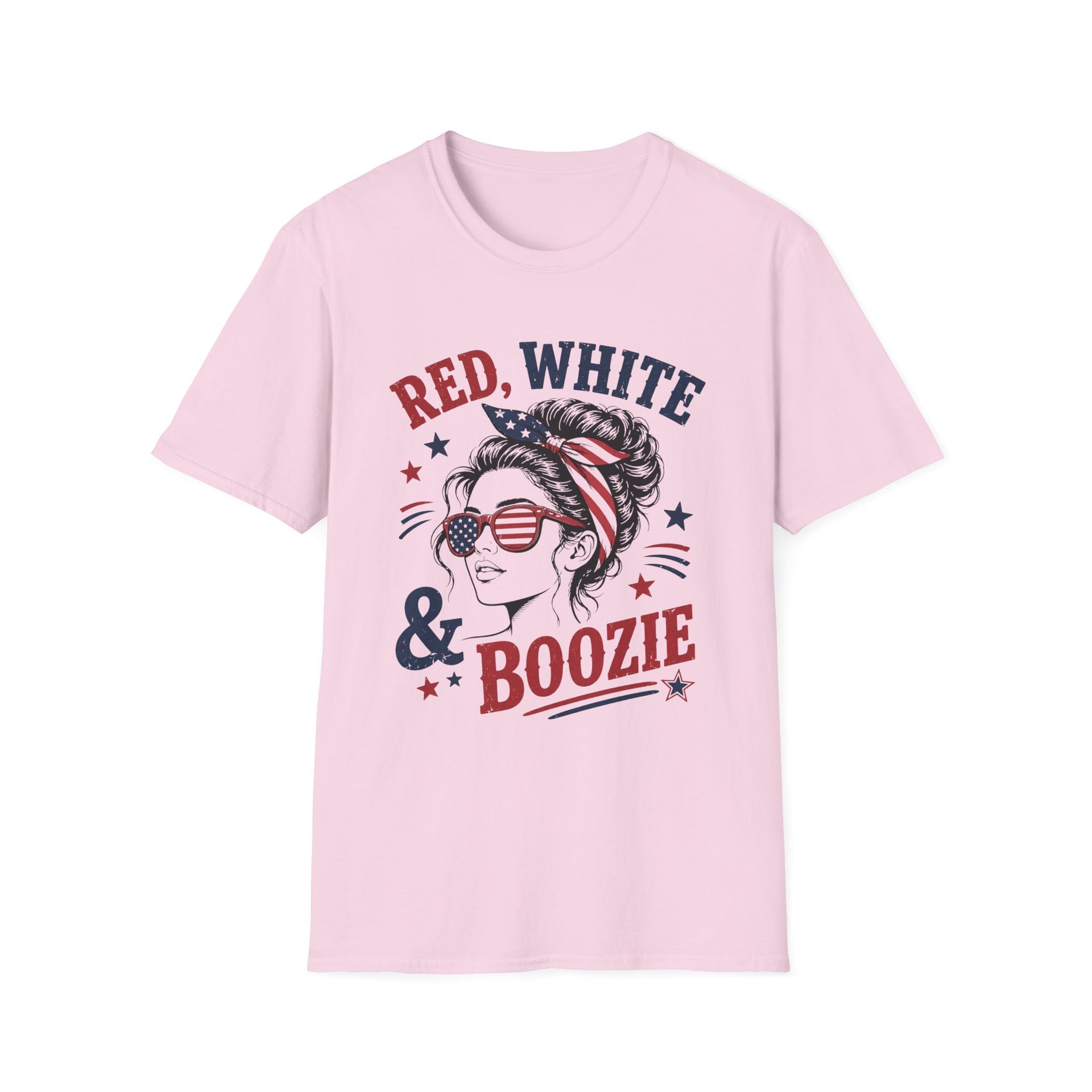 Red White & Boozie summer party tee with patriotic woman illustration