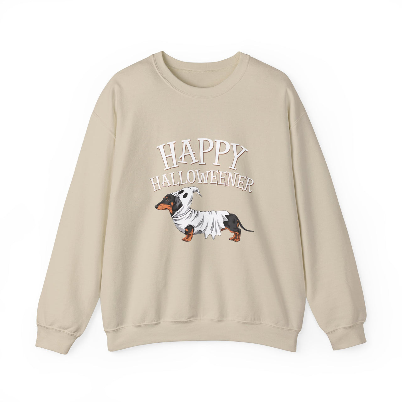 Happy Halloweener Sweatshirt – Funny Dachshund in Ghost Costume for Spooky Season