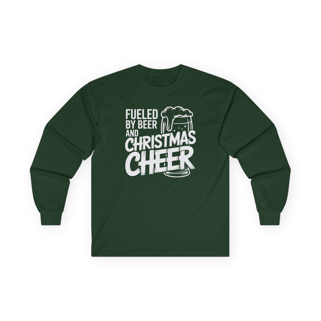 Funny Christmas Long Sleeve Shirt – Fueled by Beer and Christmas Cheer – Holiday Drinking Humor Tee