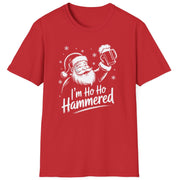Funny Christmas Drinking Humor Short Sleeve Shirt with Santa holding a beer mug and the text and the text "I'm Ho Ho Hammered" - Red