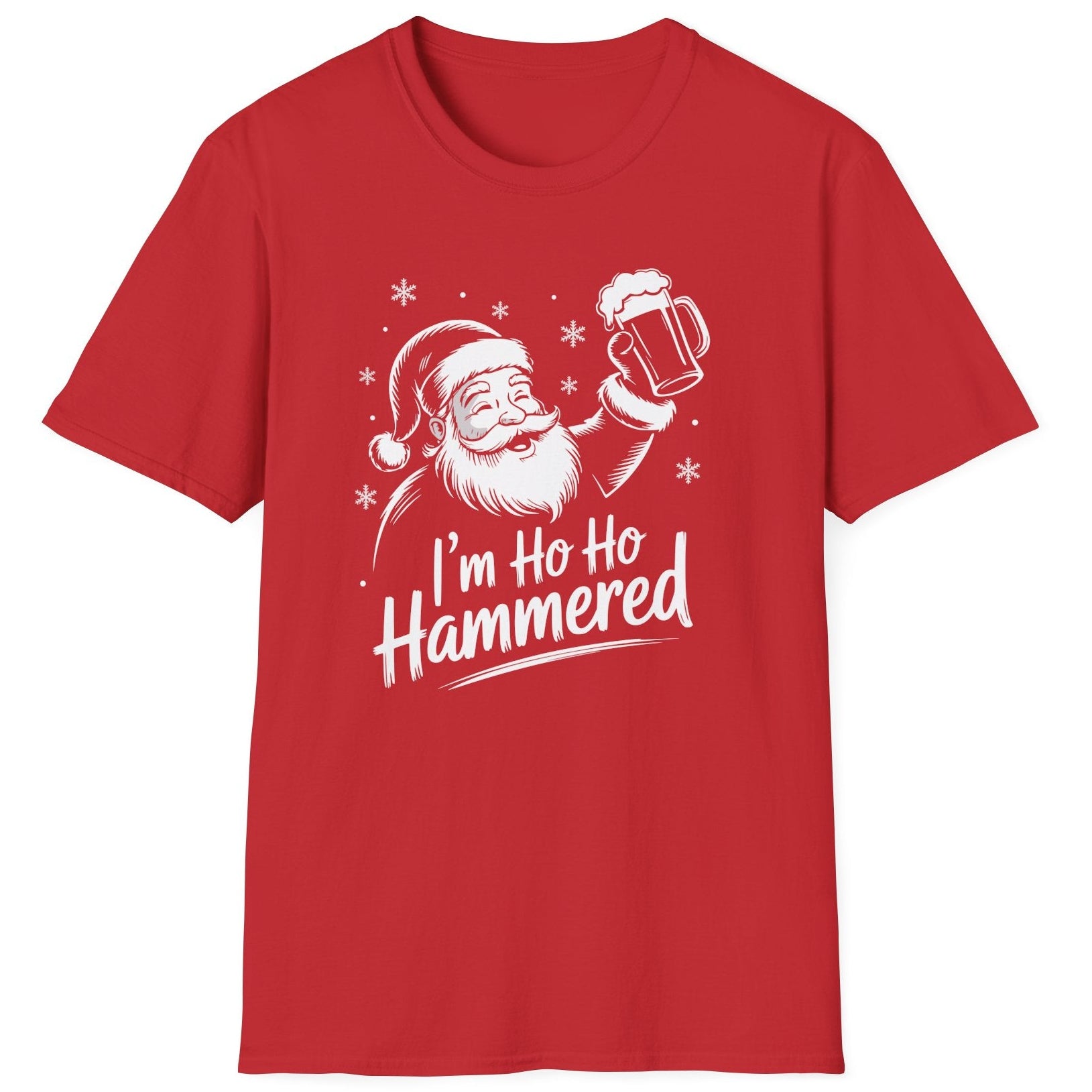 Funny Christmas Drinking Humor Short Sleeve Shirt with Santa holding a beer mug and the text and the text "I'm Ho Ho Hammered" - Red