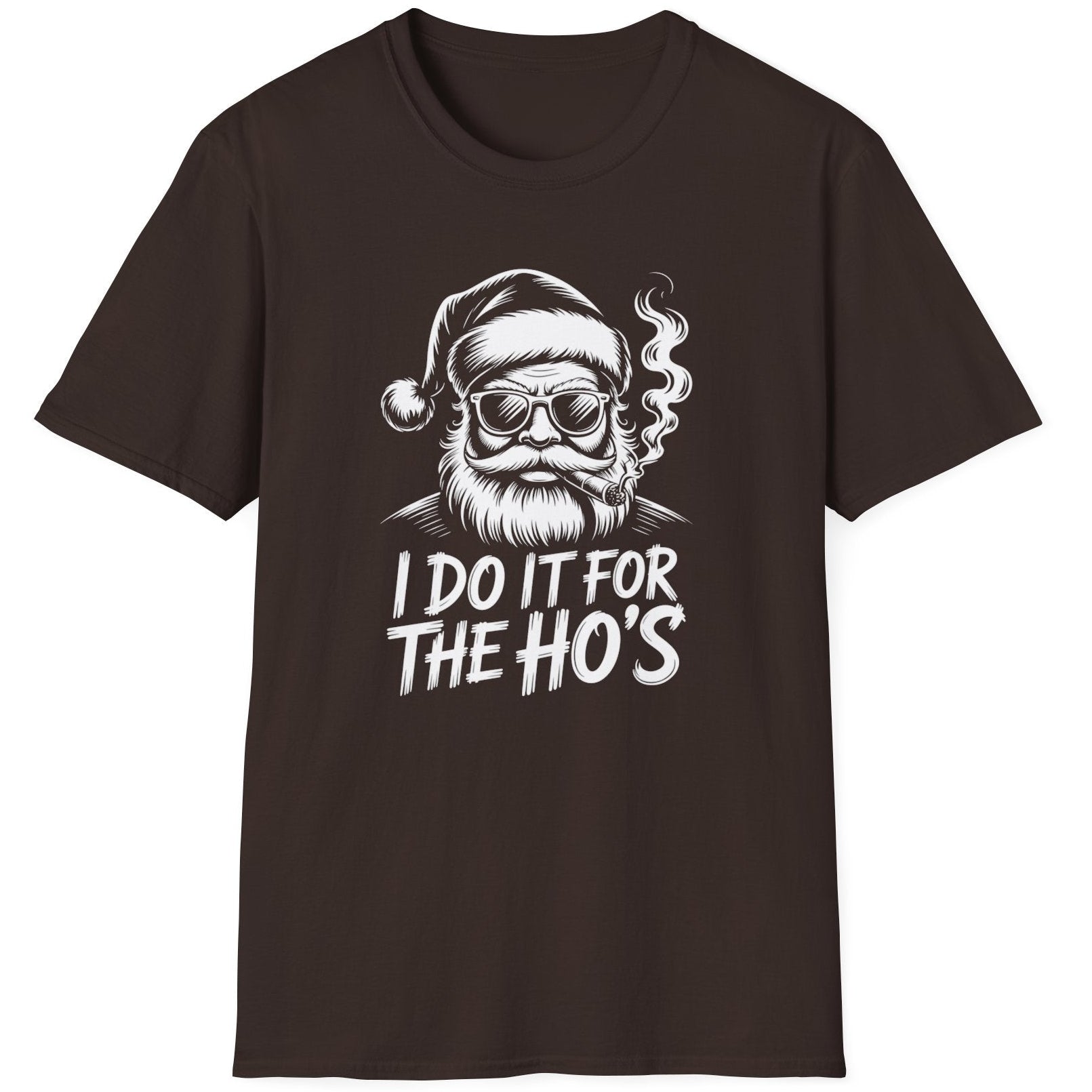 Brown  t-shirt with a graphic of Santa Claus and text 'I Do It for the Ho's' funny christmas sweater