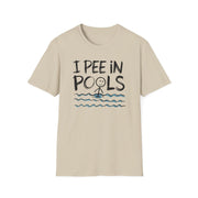 Beige t-shirt with 'I Pee in Pools' text and graphic on a white background