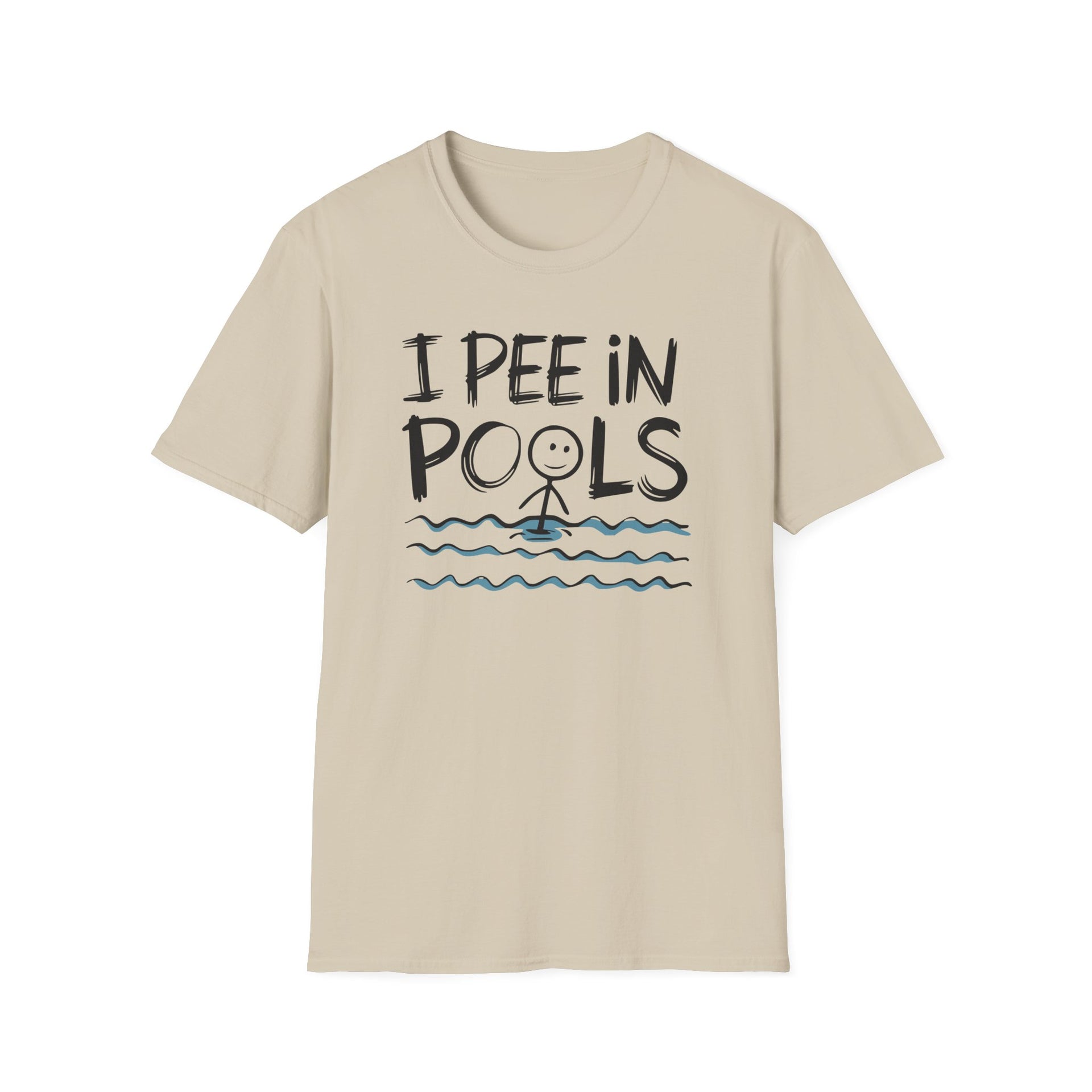 Beige t-shirt with 'I Pee in Pools' text and graphic on a white background