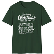 Green  t-shirt with the phrase surviving christmas with the family funny christmas sweater