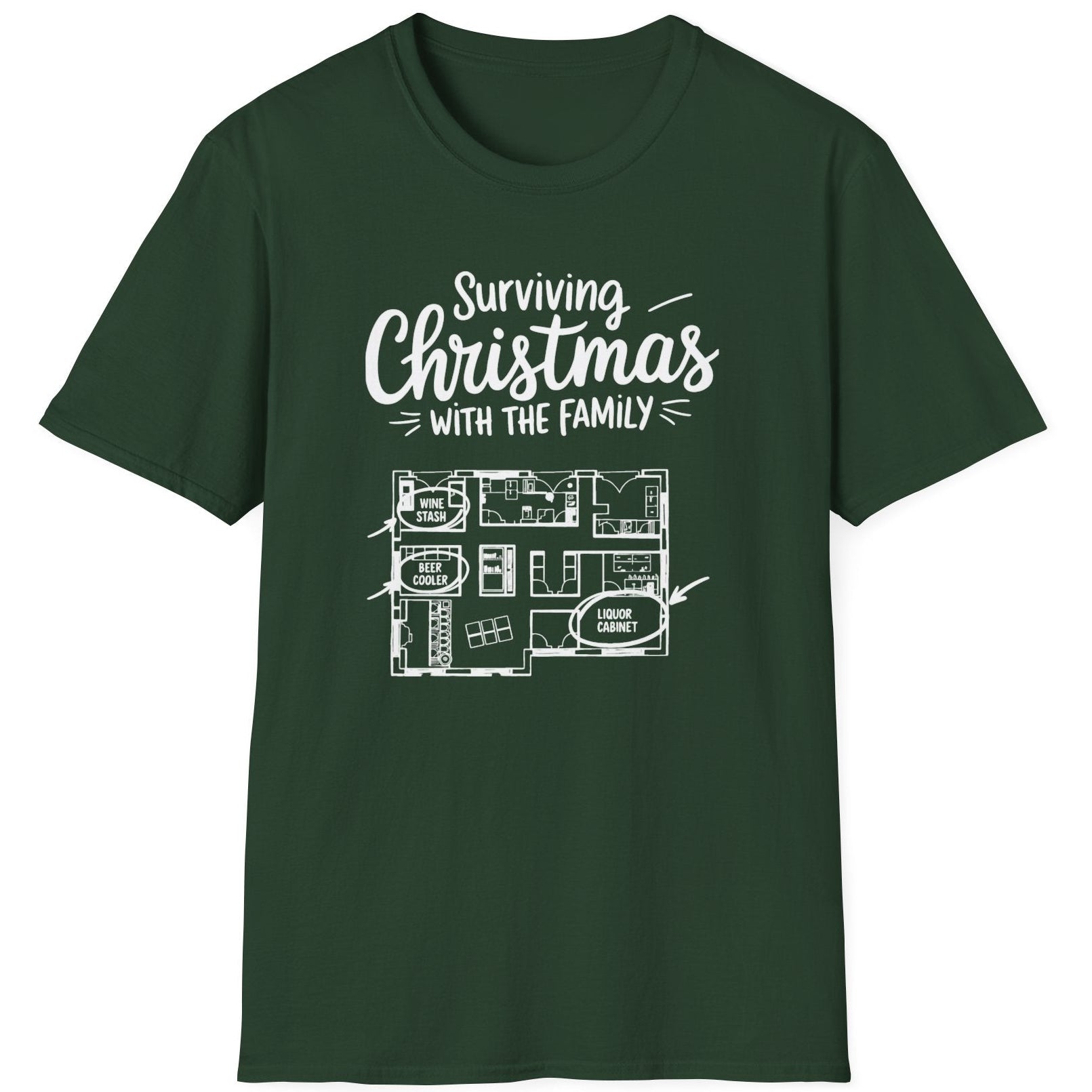 Green  t-shirt with the phrase surviving christmas with the family funny christmas sweater