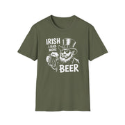 a military green t-shirt with 'Irish I had more beer' graphic design funny St Patricks Day pub crawl and parade design
