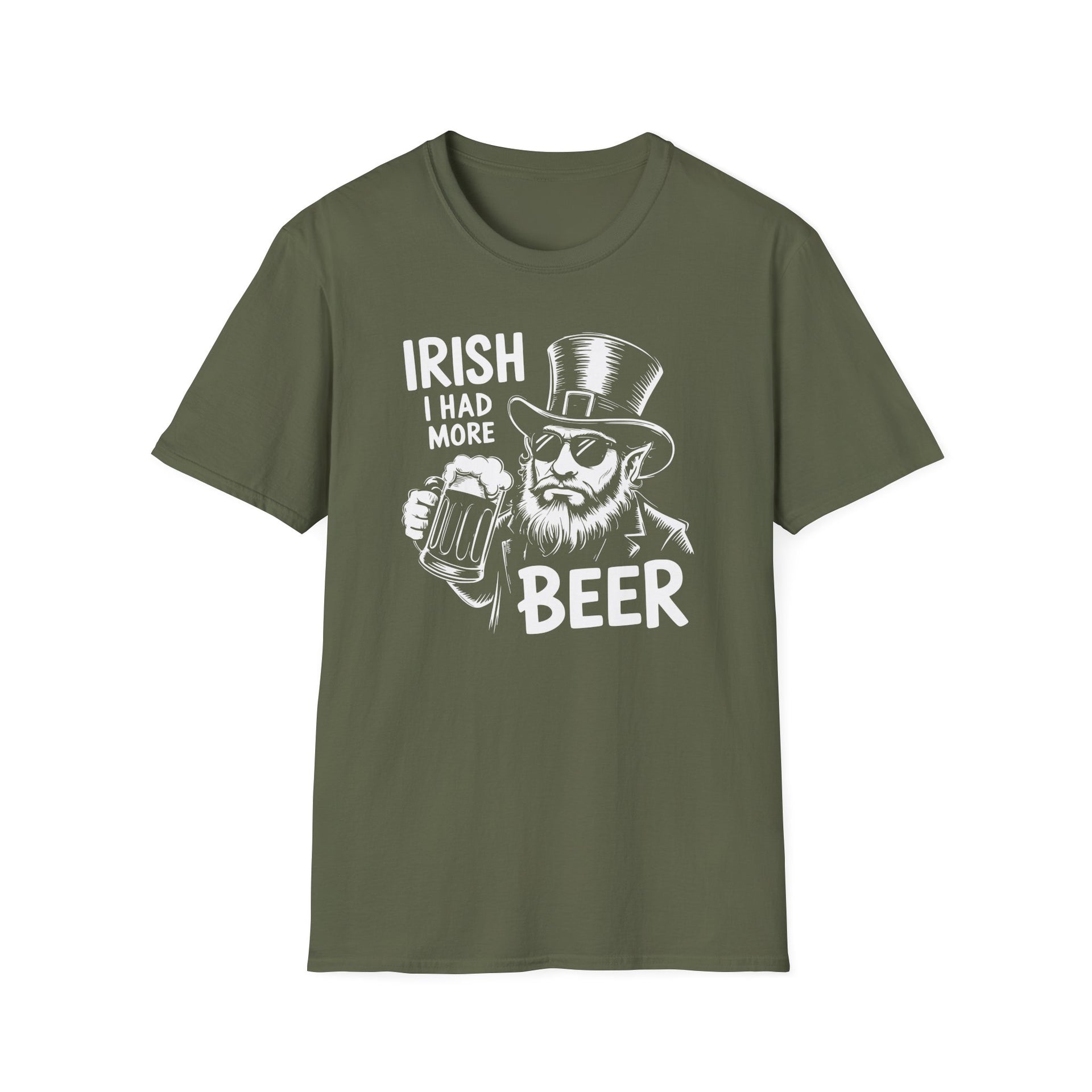 a military green t-shirt with 'Irish I had more beer' graphic design funny St Patricks Day pub crawl and parade design
