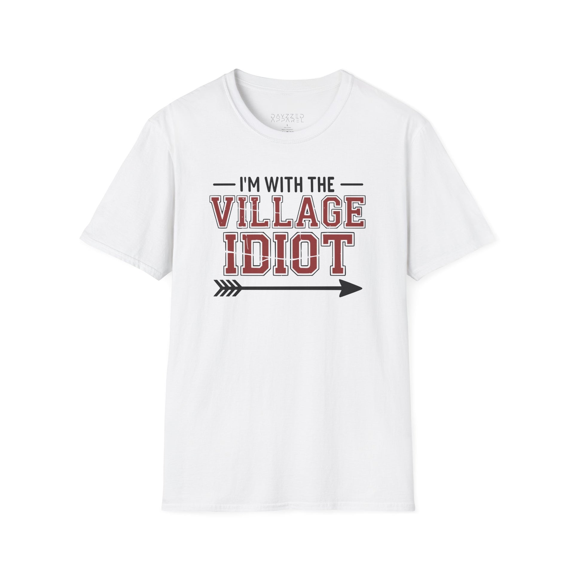 premium softstyle t-shirt  with the phrase  'I'm with the village idiot' funny spring break, beach vacations, lake days, girls trip, guys trip, matching couples designs