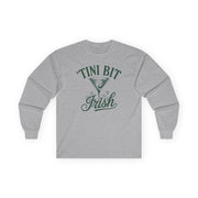 gray long sleeve shirt with 'Tini Bit Irish' text funny st patricks day design