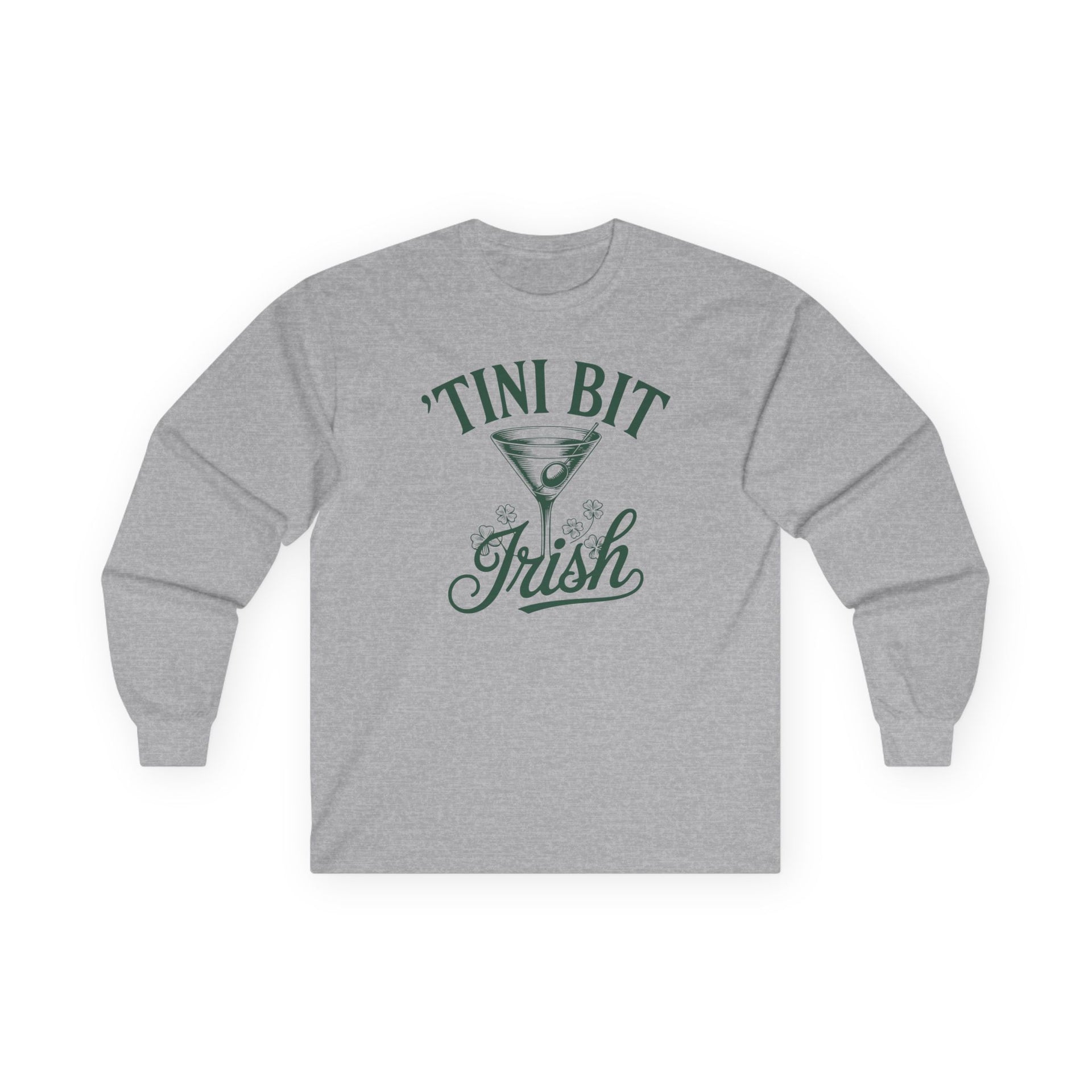 gray long sleeve shirt with 'Tini Bit Irish' text funny st patricks day design