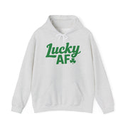 gray hoodie with the phrase 'Lucky AF' funny St Patricks Day design