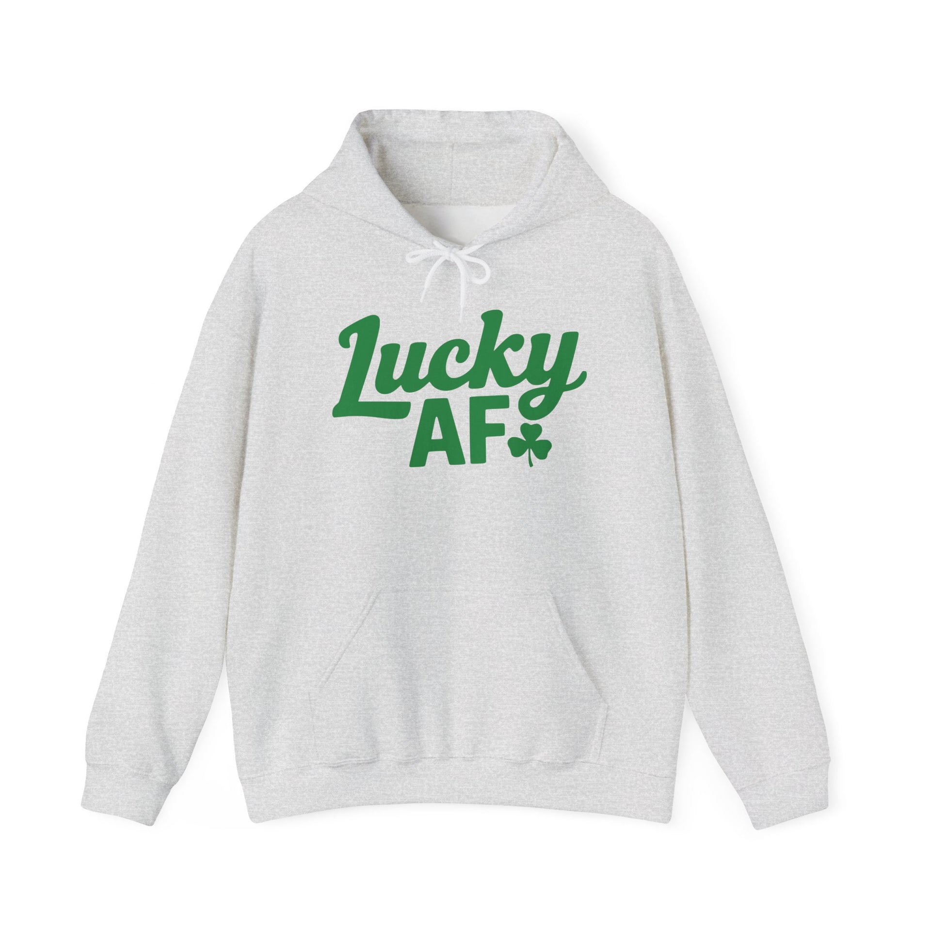 gray hoodie with the phrase 'Lucky AF' funny St Patricks Day design