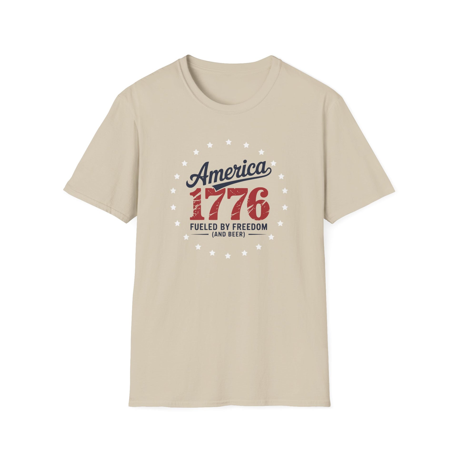 Beige t-shirt with 'America 1776 fueled by freedom (and beer)' text on a white background