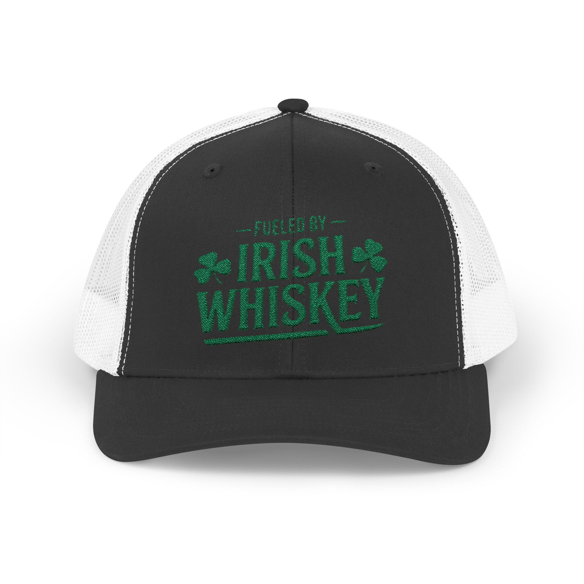 a black and white curved trucker hat with the phrase 'Fueled by Irish Whiskey' funny St Patricks Day Pub crawl and parade design