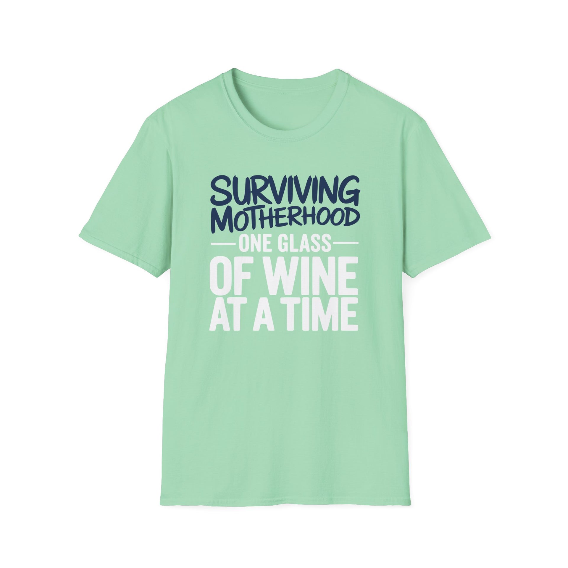 a light green t-shirt with the phrase 'Surviving Motherhood One Glass of Wine at a Time' funny Mother's day, beach vacation, spring break design