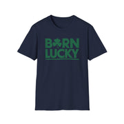 navy t-shirt with 'Born Lucky' text and clover funny st patricks day design