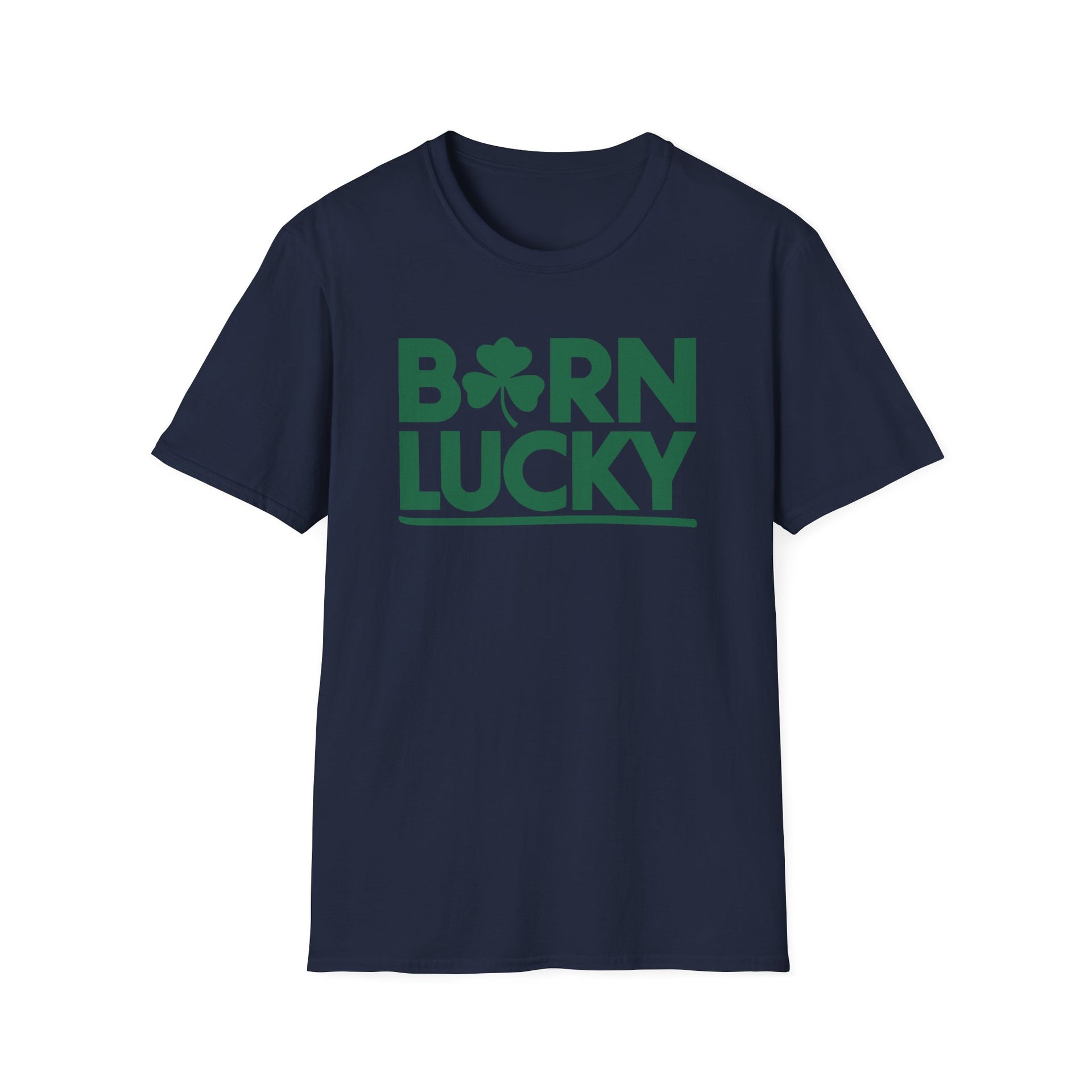 navy t-shirt with 'Born Lucky' text and clover funny st patricks day design