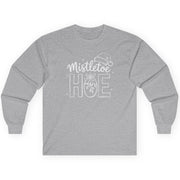 Gray long-sleeve shirt with 'Mistletoe Hoe' text unny christmas tee