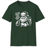 Green  t-shirt with a graphic of Santa Claus holding a beer and the text cant have christmas cheer without christmas beer