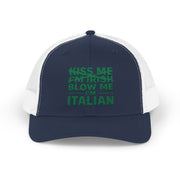 a navy and white curved bill trucker hat with the text 'Kiss me I'm Irish, blow me Italian' funny st patricls day pub crawl design