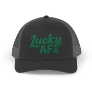  a black and gray curved bill trucker hat with 'Lucky AF' text funny st patricks day pub crawl design