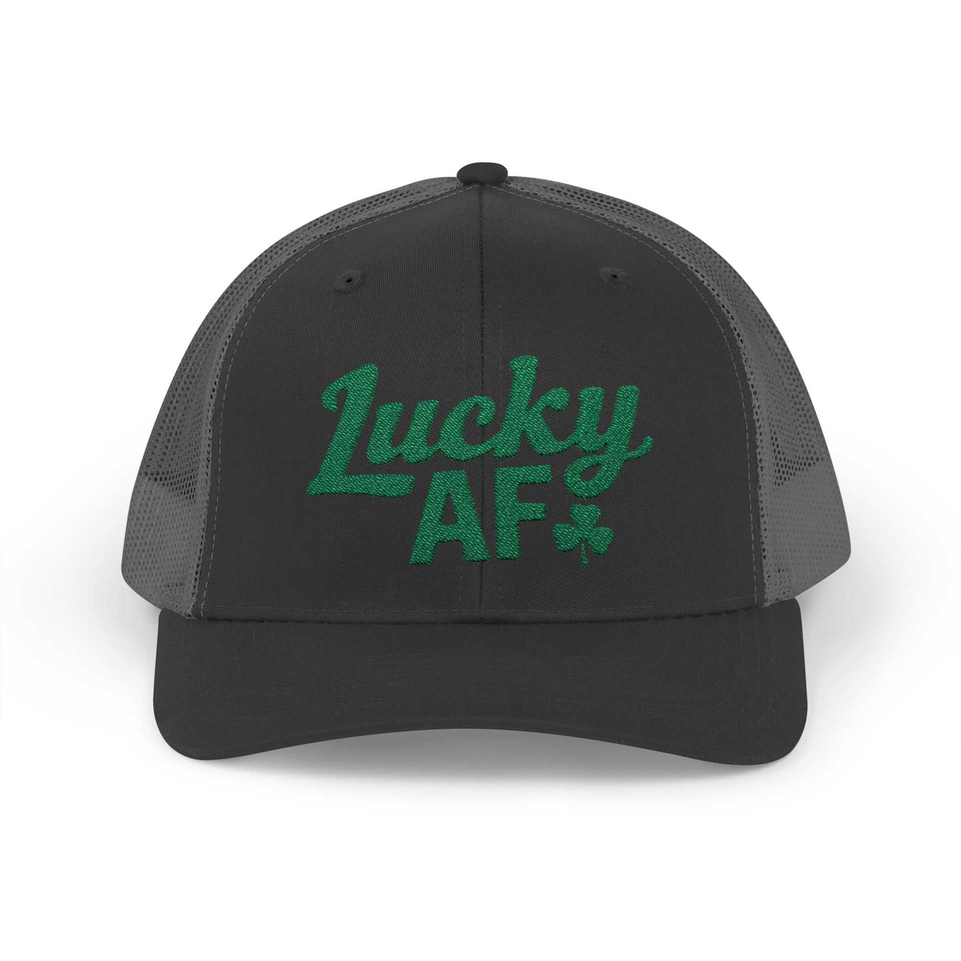  a black and gray curved bill trucker hat with 'Lucky AF' text funny st patricks day pub crawl design