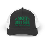 a black and white curved bill trucker hat with 'Not Irish (not either other)' text funny St Patricks Day pub crawl design