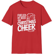 Red t-shirt with white text 'Fueled by Beer and Christmas Cheer, ' funny christmas sweater