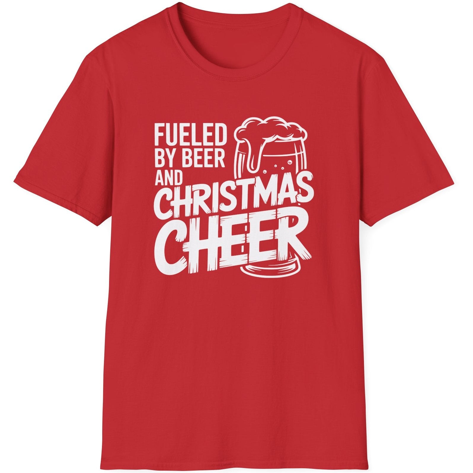 Red t-shirt with white text 'Fueled by Beer and Christmas Cheer, ' funny christmas sweater