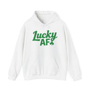 white hoodie with the phrase 'Lucky AF' funny St Patricks Day design