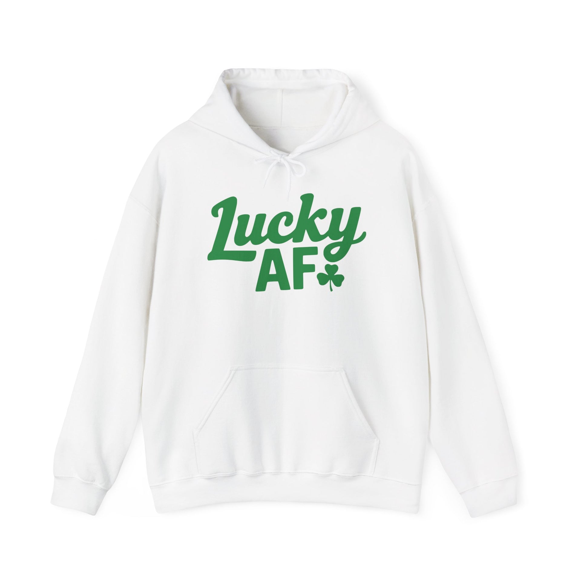 white hoodie with the phrase 'Lucky AF' funny St Patricks Day design