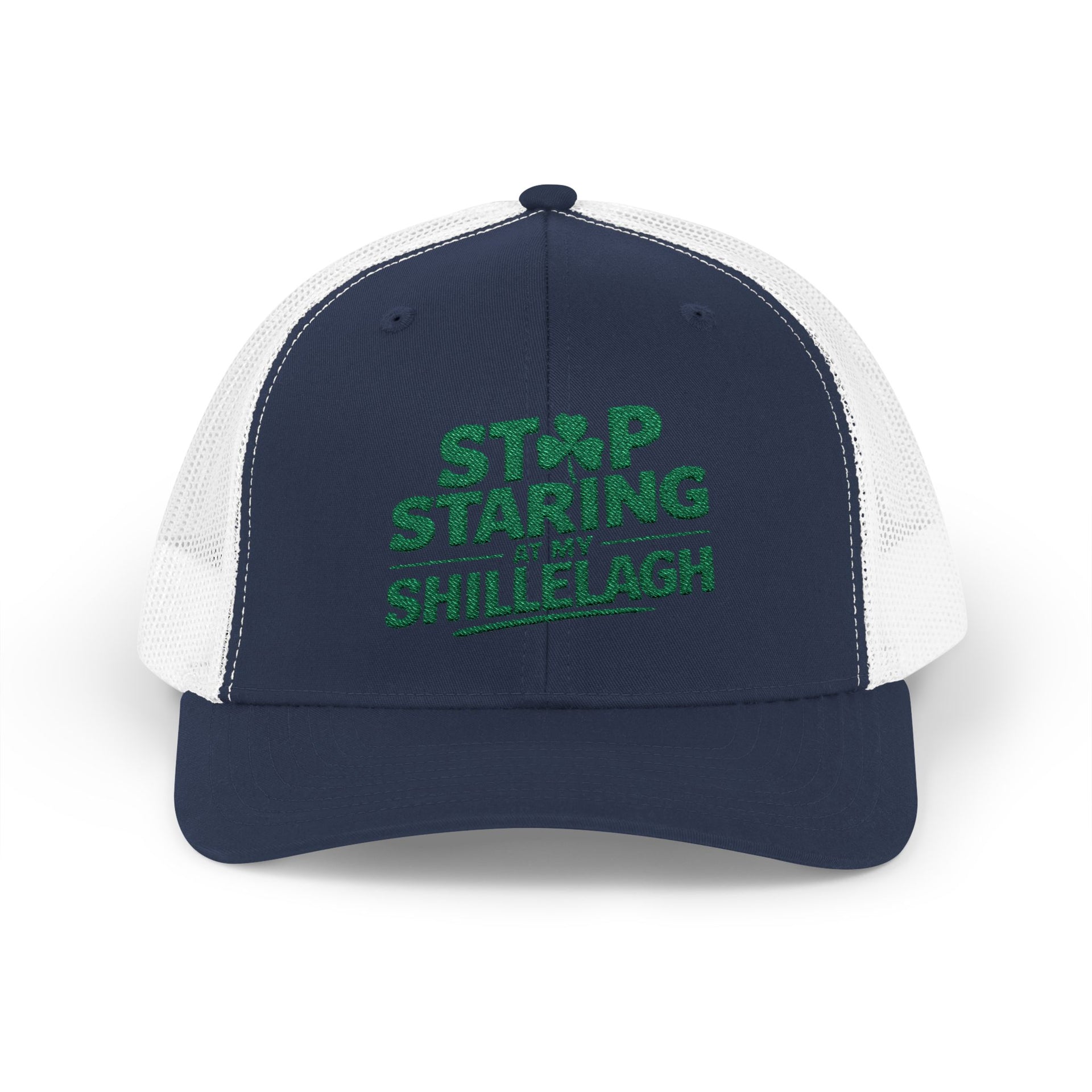 a navy and white curved trucker hat with the phrase "Stop Staring at my Shillelagh" funny St Patricks Day pub crawl or parade design
