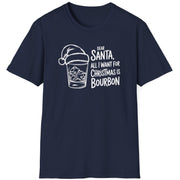 Funny Christmas Drinking Humor Short Sleeve Shirt with a bourbon glass with a santa hat and the text "Dear Santa All I want for Christmas is Bourbon" - Navy Blue