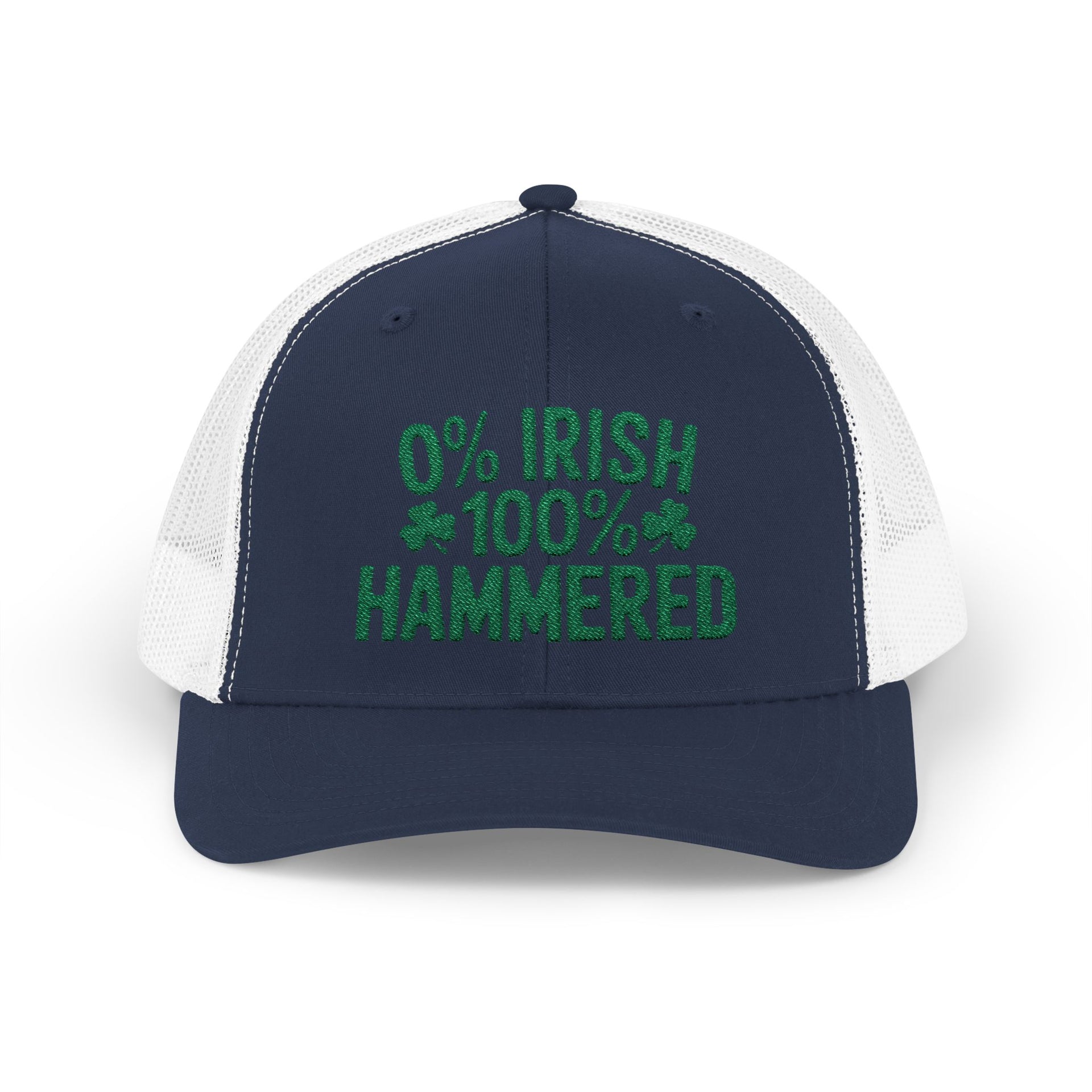 A navy and white curved trucker hat with the phrase '0% Irish 100% HAMMERED' funny St Patricks Day Pub crawl and Parade design
