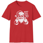 Funny Christmas Short Sleeve Shirt with Santa flipping his middle fingers and the text " Merry Kiss My Ass" -  Red
