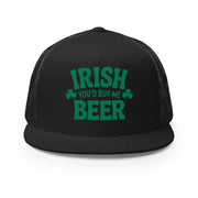  black flat bill trucker cap with  text 'Irish you'd buy me beer' funny st patricks day design